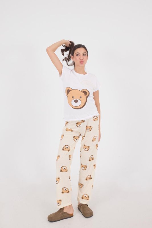 Beige Teddy Bear Printed Pajama Set PJM105-S2