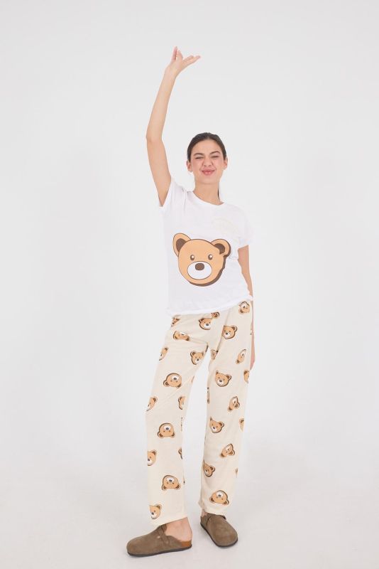 Beige Teddy Bear Printed Pajama Set PJM105-S2