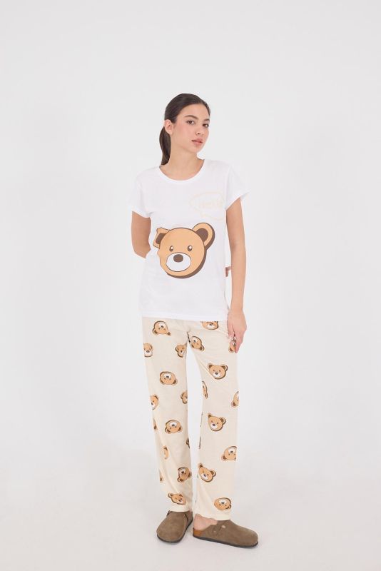 Beige Teddy Bear Printed Pajama Set PJM105-S2