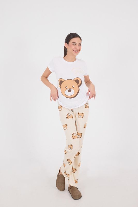 Beige Teddy Bear Printed Pajama Set PJM105-S2