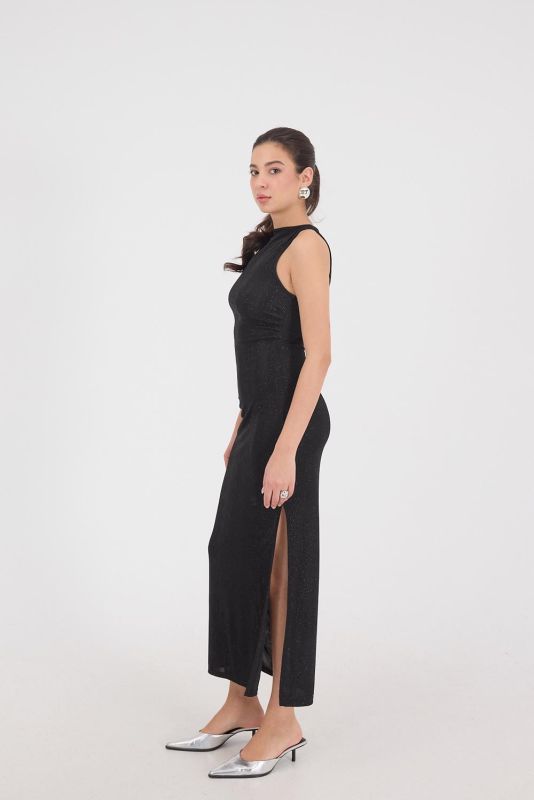 Black Crew Neck Silvery Long Dress E17218-W4