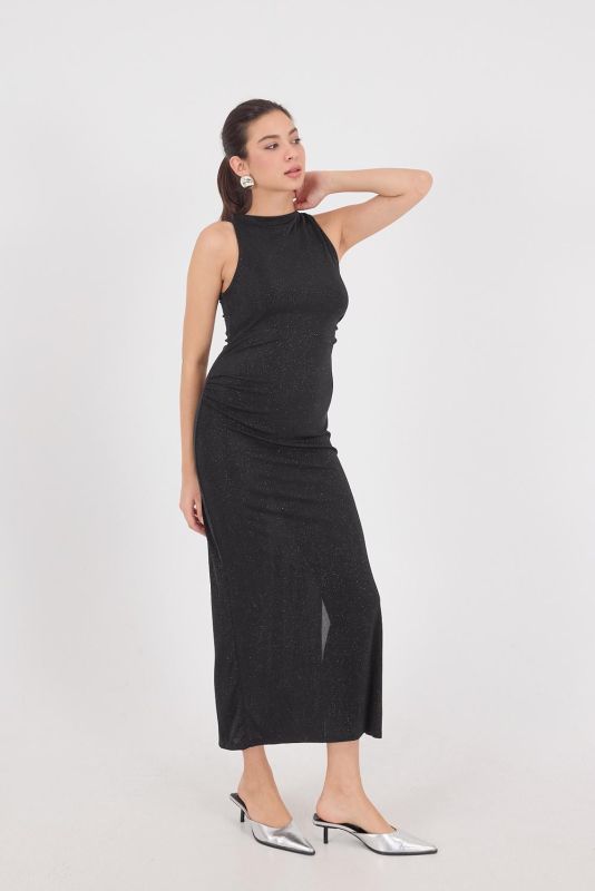 Black Crew Neck Silvery Long Dress E17218-W4