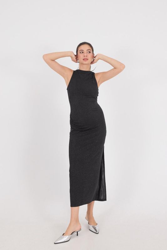 Black Crew Neck Silvery Long Dress E17218-W4