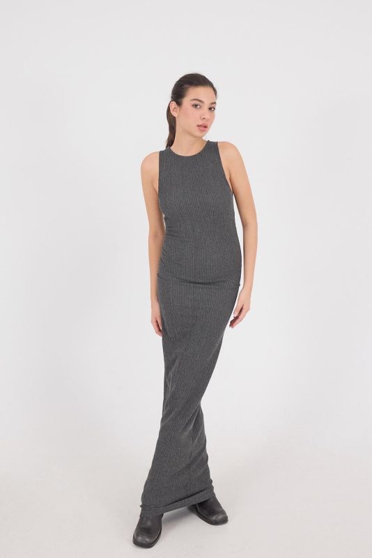 Black Crew-Neck Long Dress with Shirred Sides E16588-W11