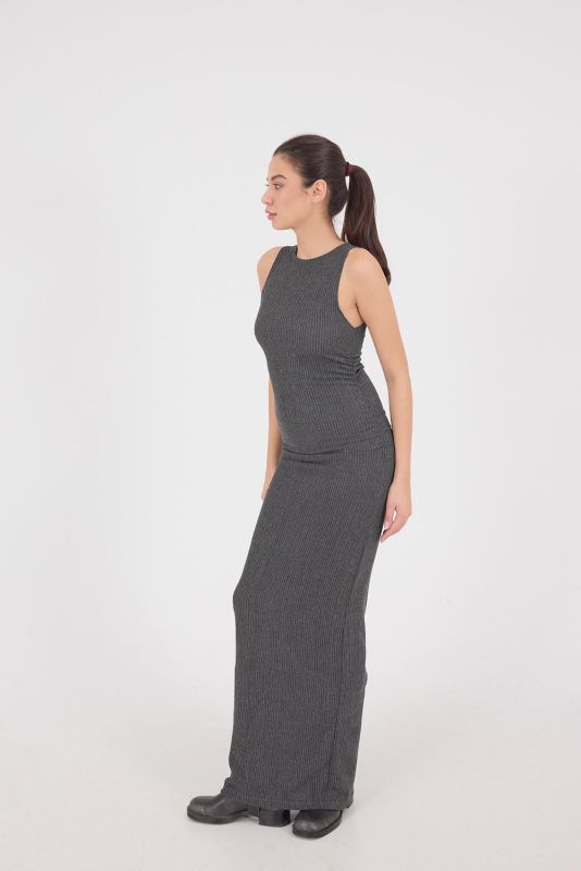 Black Crew-Neck Long Dress with Shirred Sides E16588-W11