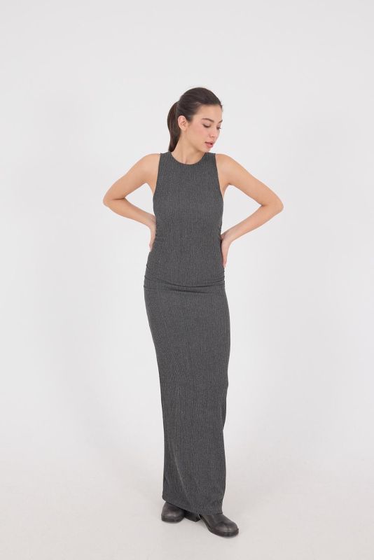 Black Crew-Neck Long Dress with Shirred Sides E16588-W11