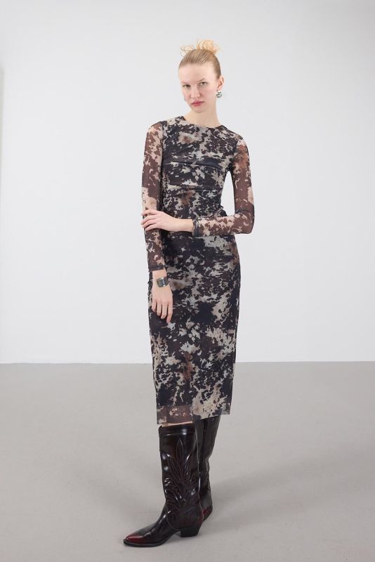 Cow dsn Shirred Patterned Long Tulle Dress E16734