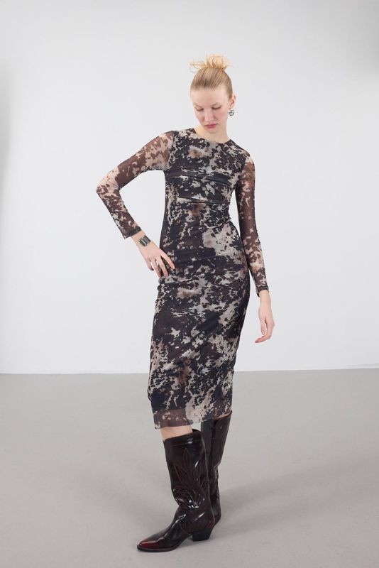 Cow dsn Shirred Patterned Long Tulle Dress E16734