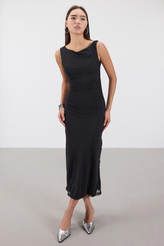 Black Shirred Long Tulle Dress E11505-F4