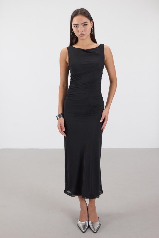 Black Shirred Long Tulle Dress E11505-F4