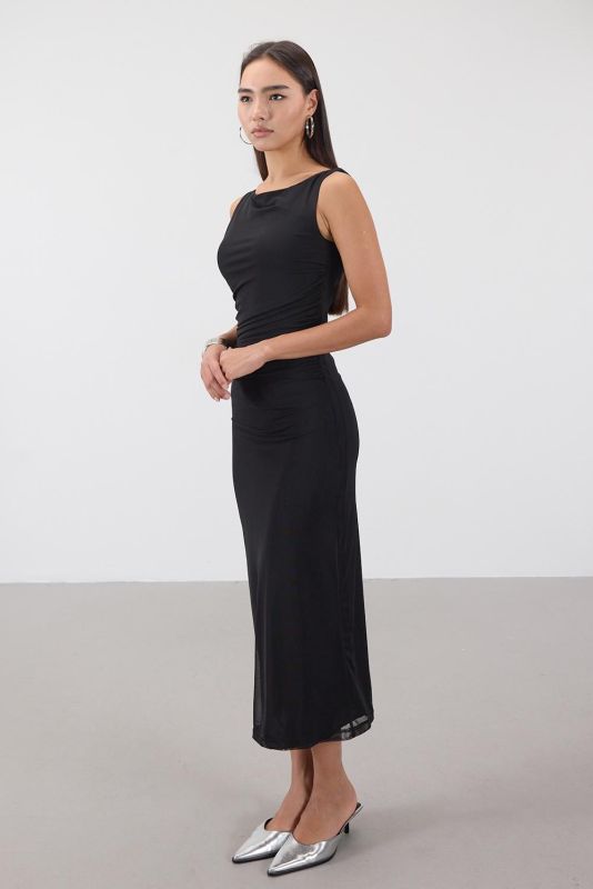 Black Shirred Long Tulle Dress E11505-F4