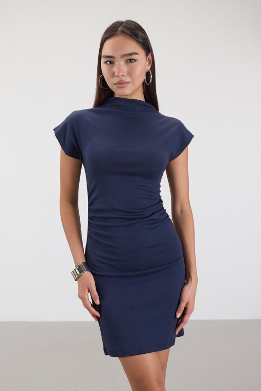 Laci Modal Mini Dress E11535-1-S13 with Stand-up Collar and Shirred Sides