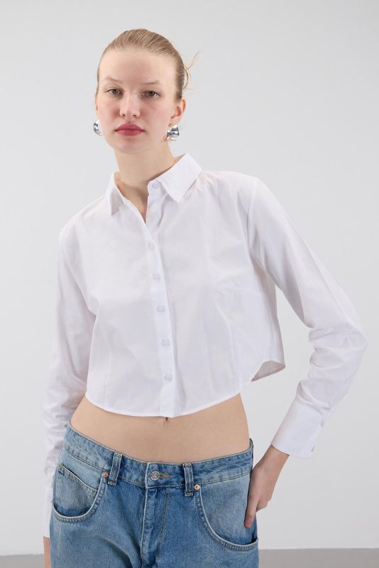 White Buttoned Long Sleeve Crop Shirt G16727-Z4