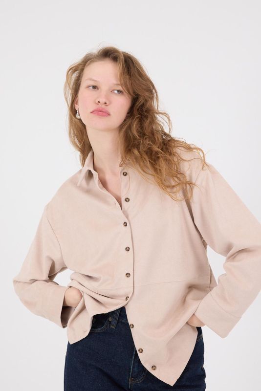 Light Beige Buttoned Oversized Suede Shirt G16557-Y9