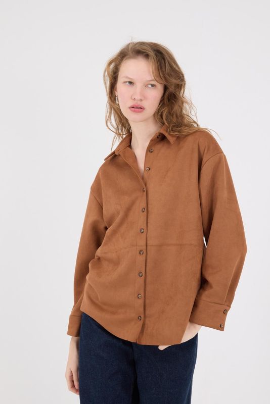 Light Beige Buttoned Oversized Suede Shirt G16557-Y9