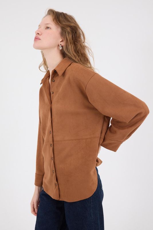 Light Beige Buttoned Oversized Suede Shirt G16557-Y9