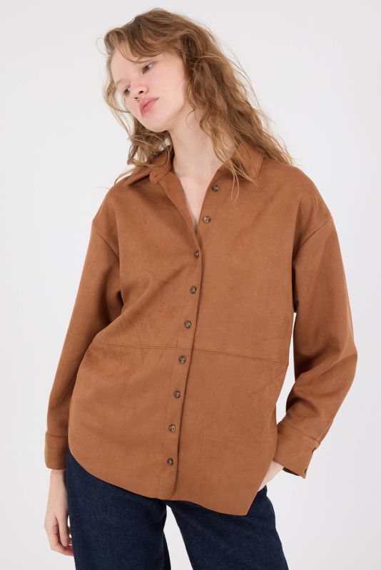 Light Beige Buttoned Oversized Suede Shirt G16557-Y9