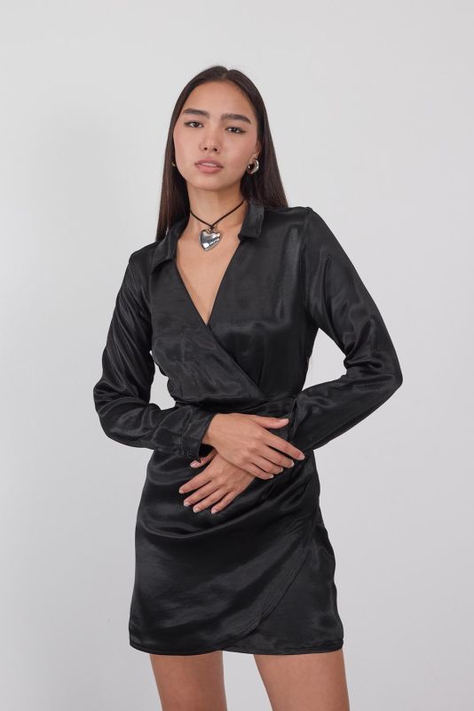 Black Shirt Collar Satin Mini Dress E16685-Z7