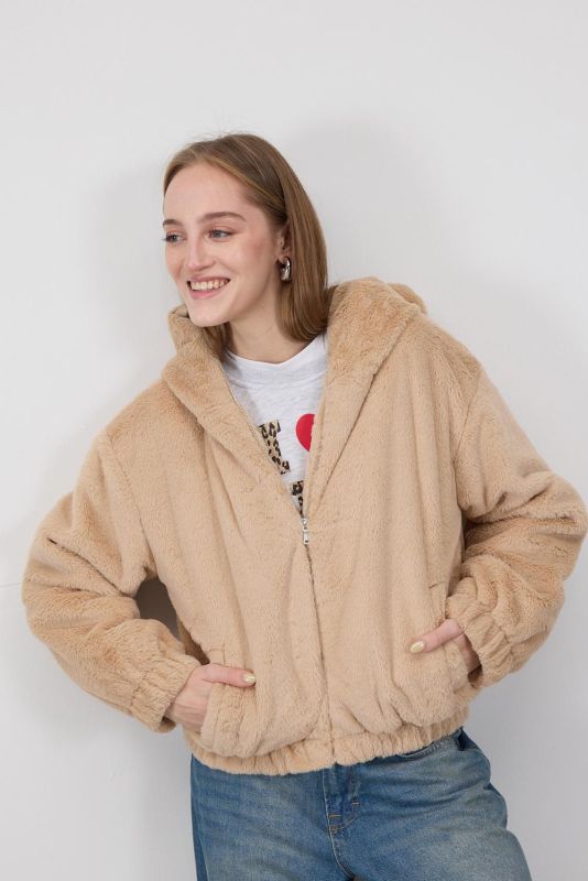 Beige Hooded Soft Textured Short Coat H16712-E5