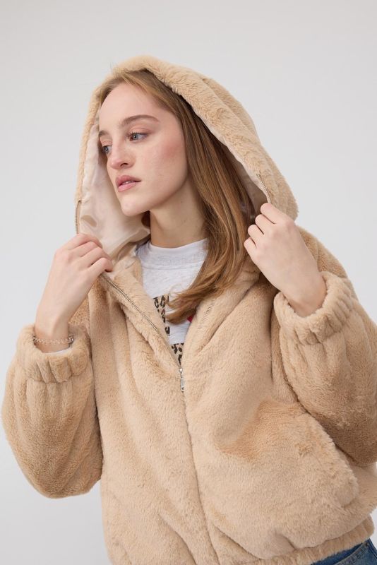 Beige Hooded Soft Textured Short Coat H16712-E5