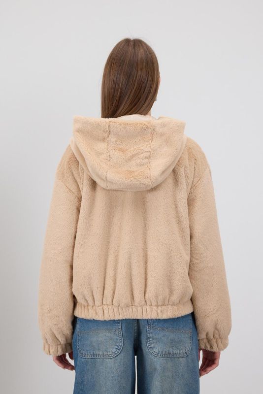 Beige Hooded Soft Textured Short Coat H16712-E5