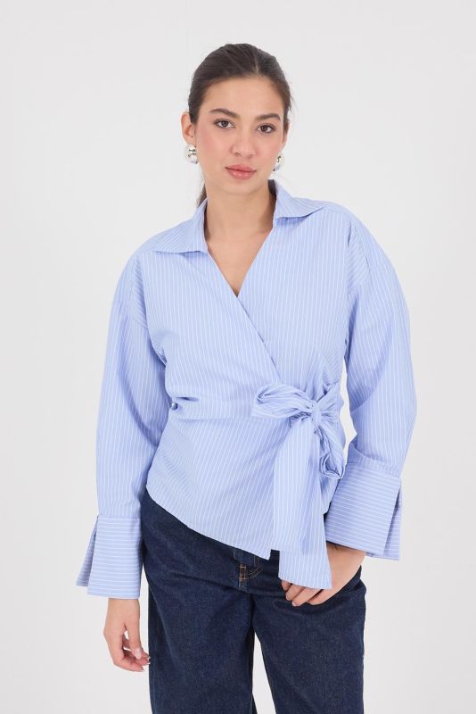 Light Blue Double-breasted Collar Side Tie Striped Shirt G241009-Y3