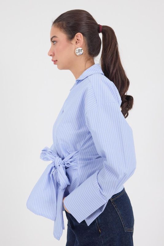 Light Blue Double-breasted Collar Side Tie Striped Shirt G241009-Y3