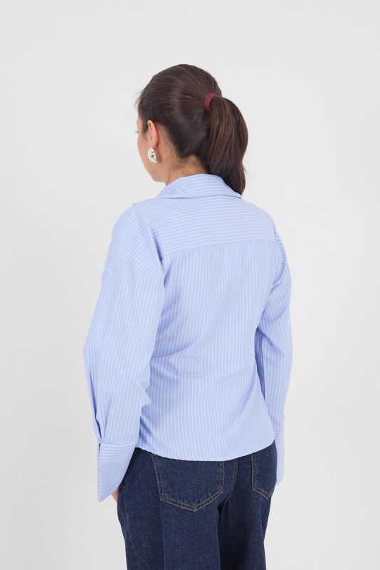 Light Blue Double-breasted Collar Side Tie Striped Shirt G241009-Y3