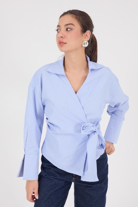 Light Blue Double-breasted Collar Side Tie Striped Shirt G241009-Y3