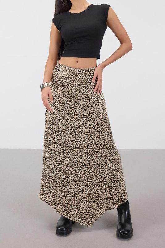 Beige Leopard Print Satin Long Skirt E410233-N8