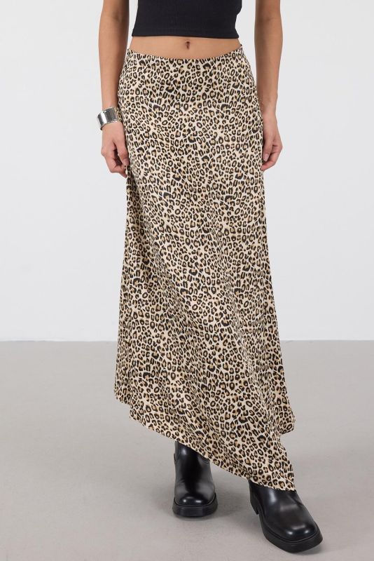 Beige Leopard Print Satin Long Skirt E410233-N8