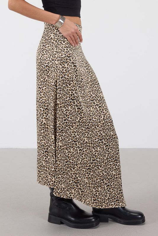 Beige Leopard Print Satin Long Skirt E410233-N8