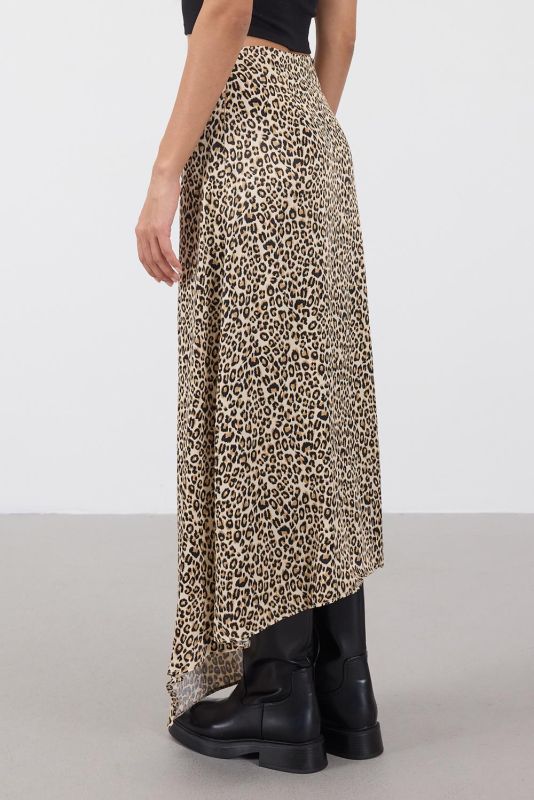 Beige Leopard Print Satin Long Skirt E410233-N8