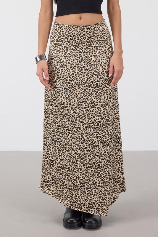 Beige Leopard Print Satin Long Skirt E410233-N8