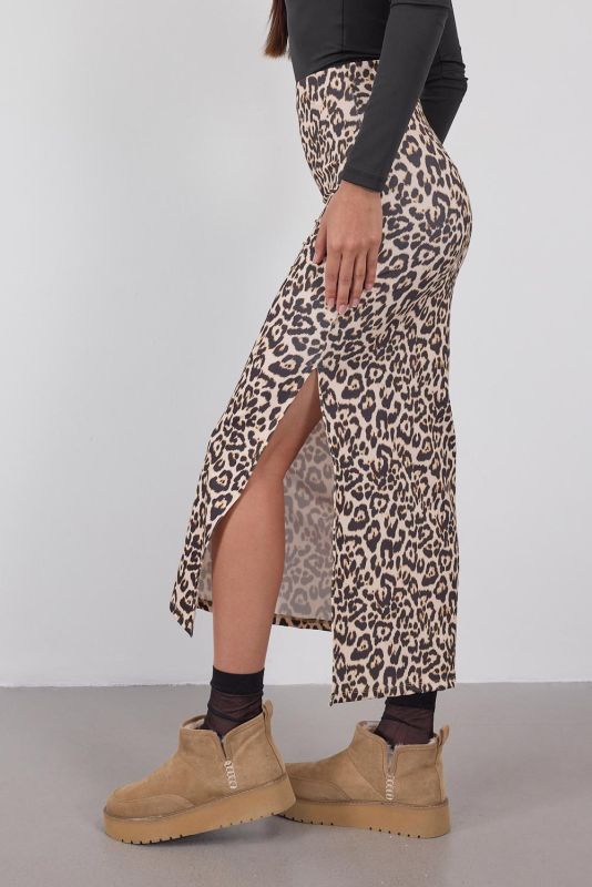 Leopard Leopard Print Midi Skirt with Slits E13809-X2