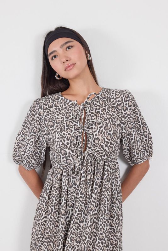 Leopard Patterned Long Dress with Leopard Front Ties E16701-Z7