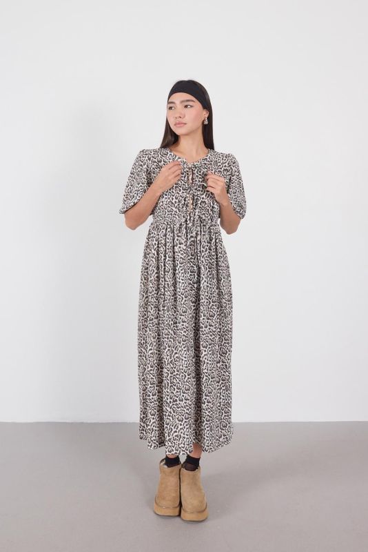 Leopard Patterned Long Dress with Leopard Front Ties E16701-Z7