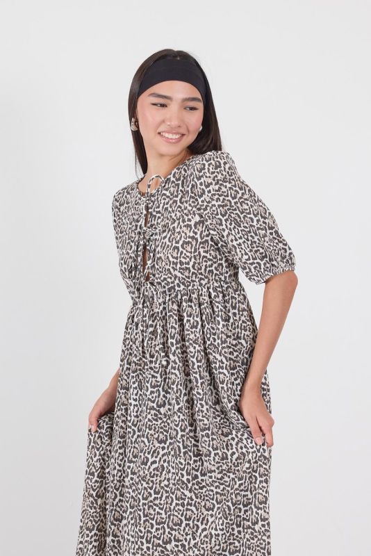 Leopard Patterned Long Dress with Leopard Front Ties E16701-Z7