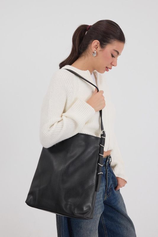 Black Faux Leather Bucket Bag _2136-G6