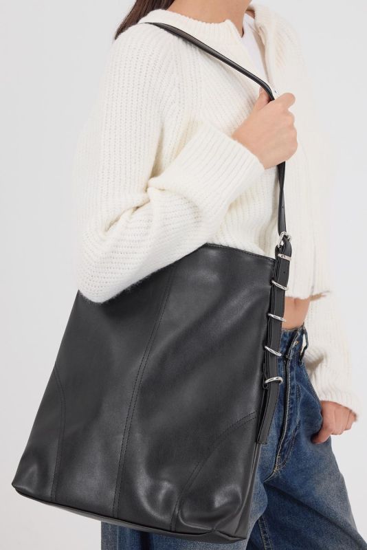 Black Faux Leather Bucket Bag _2136-G6