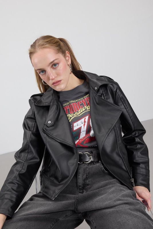 Black Faux Leather Jacket C2203-X3