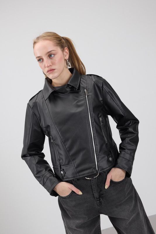 Black Faux Leather Jacket C2203-X3