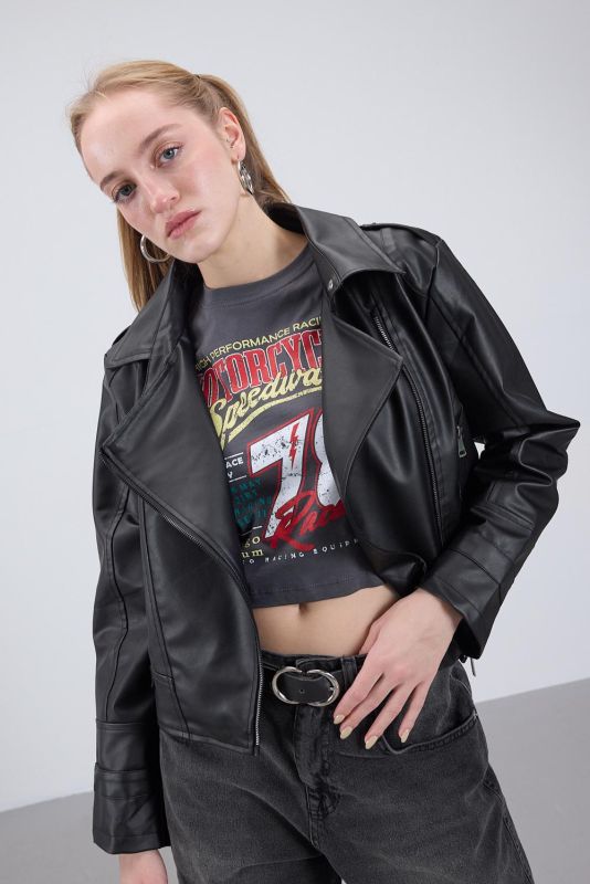 Black Faux Leather Jacket C2203-X3