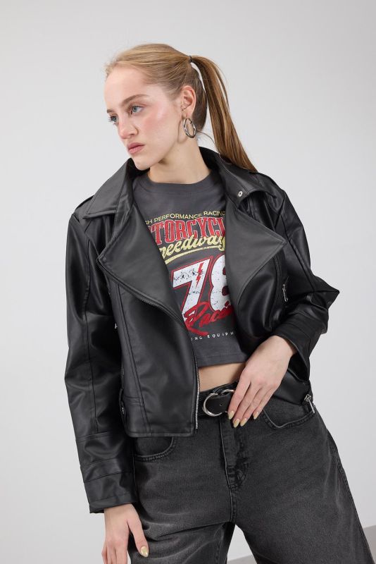 Black Faux Leather Jacket C2203-X3