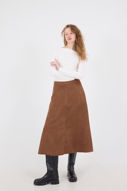 Tan Suede Midi Skirt with Side Zipper E16559-W9