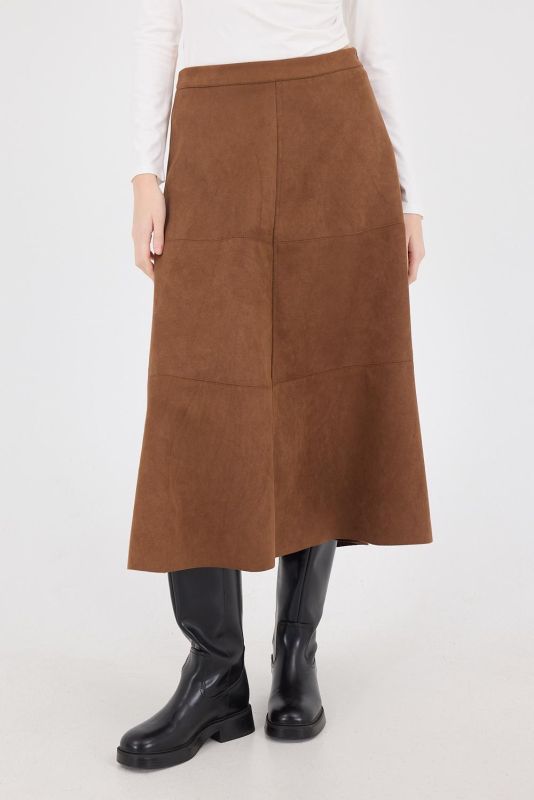 Tan Suede Midi Skirt with Side Zipper E16559-W9