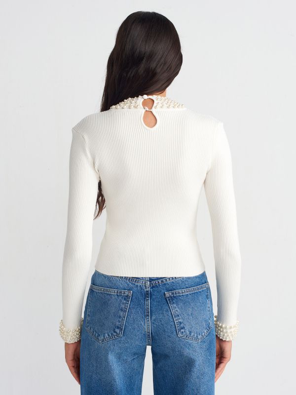 10618 Pearls and Back Button Detailed Sweater-Ecru