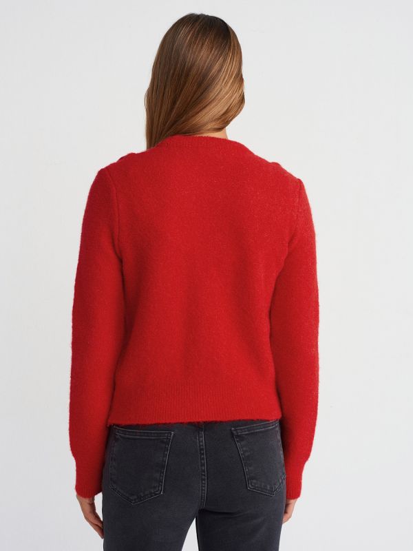 10642 Crew-Neck Ruffled Knit Sweater-Red