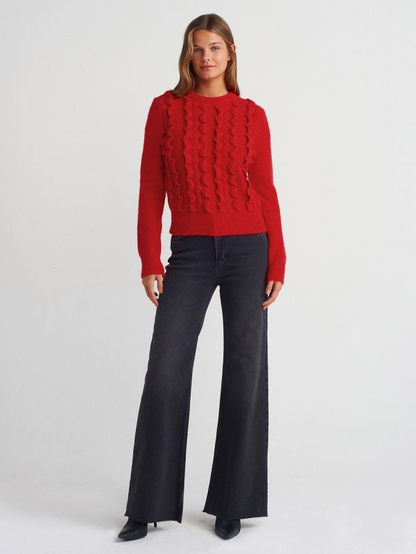 10642 Crew-Neck Ruffled Knit Sweater-Red