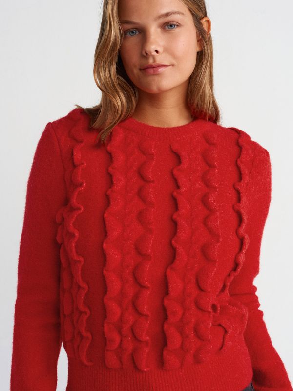 10642 Crew-Neck Ruffled Knit Sweater-Red